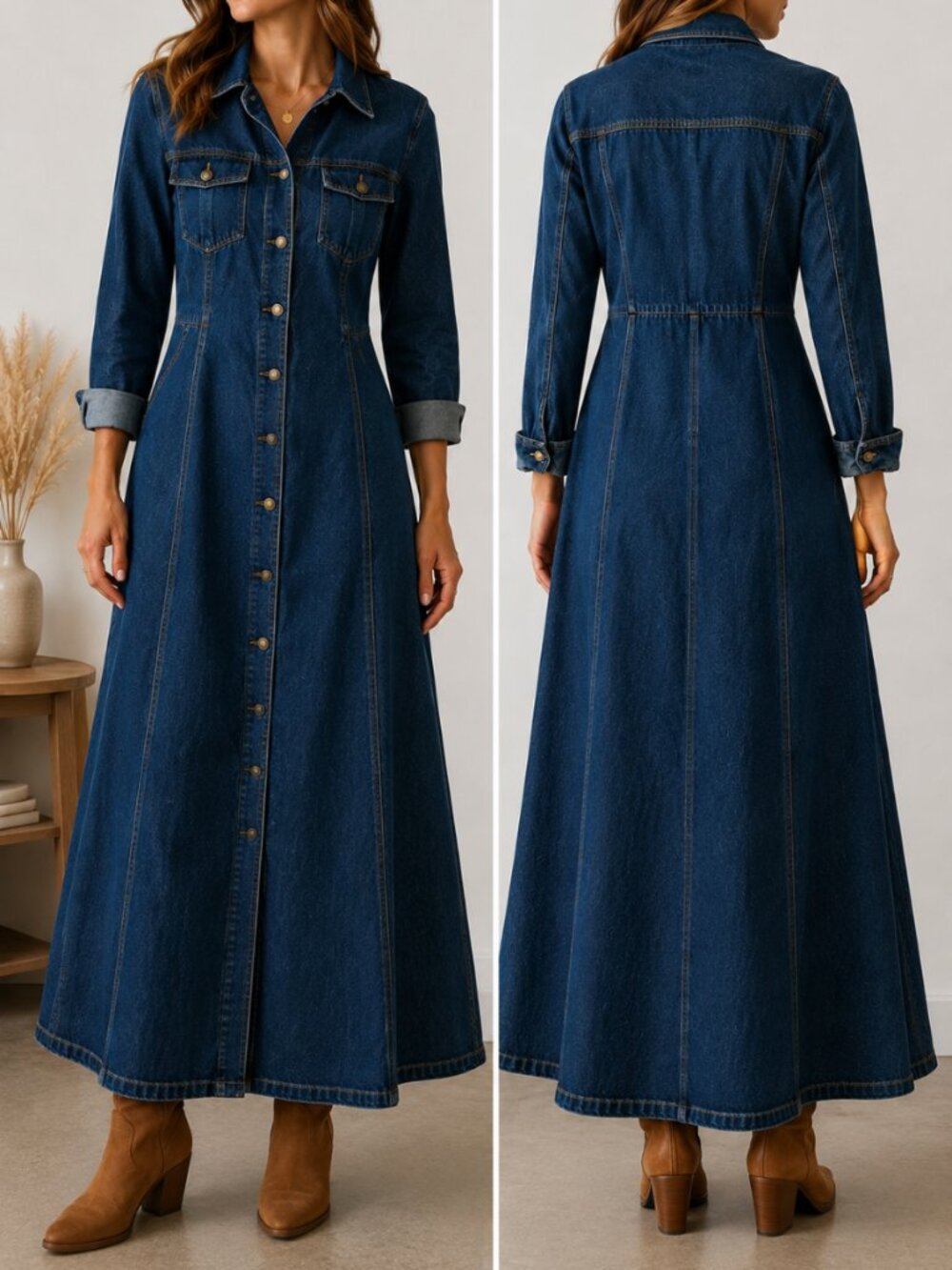 Nevada Denim Maxi Shirt Dress Button Front Vintage Size L